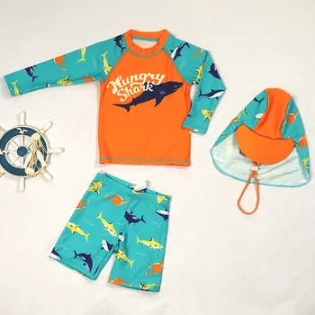 Нов слънцезащитен костюм за момчета, быстросохнущий и устойчив на удари, комплект от три бански костюми с дълги ръкави с принтом акули, къси панталони и шапки