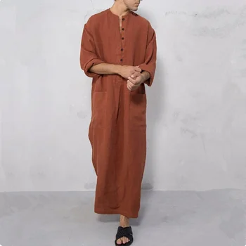 Нова Мода 2024 Мъжки Ислямска Арабската Джубба Тоби С Дълъг Ръкав Обикновена Халати за Мъже Саудитска Арабия Абая Рокля Мюсюлмански Кафтан Мъжки 5XL