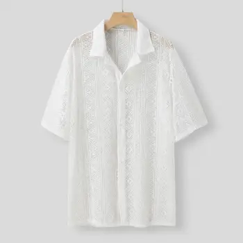 Памучни прозрачни мрежести ризи за мъже, секси дантела и Прозрачни ризи с къс ръкав, Летни Обикновена улица върховете