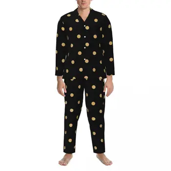 Пижами за Мъже в златни грах, пижами за спални, ретро дизайн на точки, 2 броя, свободни пижамные комплекти, мек домашен костюм Оверсайз с дълъг ръкав