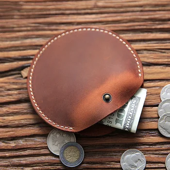 Портфейл за монети от естествена кожа, Мъжки ретро Crazy Horse Ръчно изработени Кратък Малък кръг Джобен калъф Притежателя Чанта за пари в Чантата си