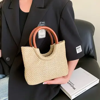 Празнична чанта от изкуствена кожа с голям капацитет, пътна чанта в бохемския корейски стил, чанта през рамо, сламена чанта, дамска чанта, плажна чанта