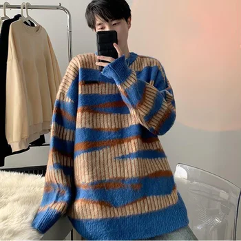 Ретро мъжки пуловер с кръгло деколте в лента, без всекидневни Корейски красив топъл пуловер, есен-зима, мъжки дебел пуловер-пуловер