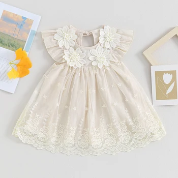 Рокля на принцеса за момиченца, дантелено рокля без ръкави с 3D флорални накъдрен, празнична рокля за деца