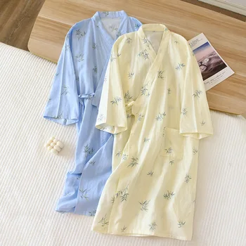 Свеж бамбук чифт хавлиени-кимоно за жени и мъже, пролетни японски халат за баня от 100% памук, пижама, нощница плюс размер