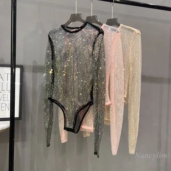 Секси мрежест гащеризон с изрезки, женска тениска, кръгъл отвор с кристали, обтягивающая прозрачна цели долна риза, дамски топ Y2k