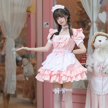 Сладък костюм за cosplay - нежно розова рокля камериерка за аниме-ролеви игри, костюми за Хелоуин за жени