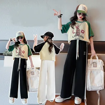 Тениска с къси ръкави и анимационни принтом в Корейски стил за момичета + Свободни панталони, Нов Летен Детски комплект дрехи от две части