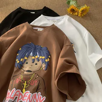 Тъмно кафява тениска Harajuku стил хип-хоп с принтом Cross Rock Момче, Градинска дрехи, скъпа тениска Kawaii Оверсайз, Летни памучни Свободни ежедневни блузи