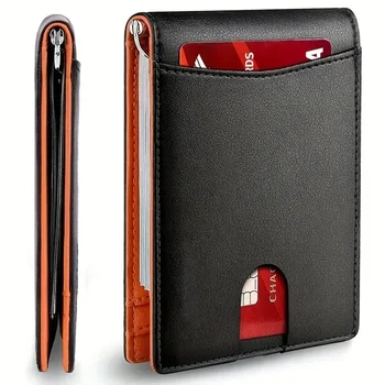 Тънък мъжки портфейл от изкуствена кожа с клип за кредитни карти, мини-RFID-блокери Кожен мъжки тънък портфейл, държач за карти лукс