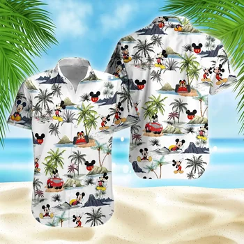 Хавайска риза с Мики и Мини Трип, Лятна мода риза с къс ръкав копчета, Мъжки, Дамски блузи, Хавайски плажни ризи на 