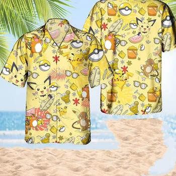 Хавайска Риза с Покемонами За Момчета И Момичета, Риза С Къс Ръкав и Копчета, Детска Хавайска Риза с Пикачу, Ежедневни Риза За Почивка на Плажа
