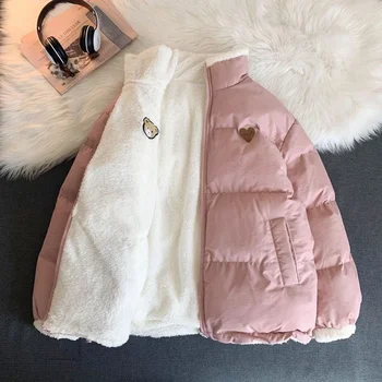 Хубаво палто Паркър с бродерия, Корея, зимна мода Y2K, утолщенное топло палто, Двустранен дизайн, Розова студентски облекло