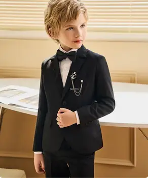 Черен костюм за фотосесията на бала на церемонията за момчета, официален комплект дрехи за ученици 007, детски костюм за танцово шоу на парти
