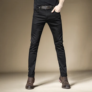Черни дънки, Мъжки Ежедневни Стрейчевые Прилепнали панталони Корейски стил, обикновена директни дънкови панталони