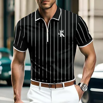 Шарени мъжки ризи поло с цип с 3D писмото принтом K, мъжки ризи за всеки ден, мъжки дрехи с къс ръкав, ежедневни тениски оверсайз, най-5xl